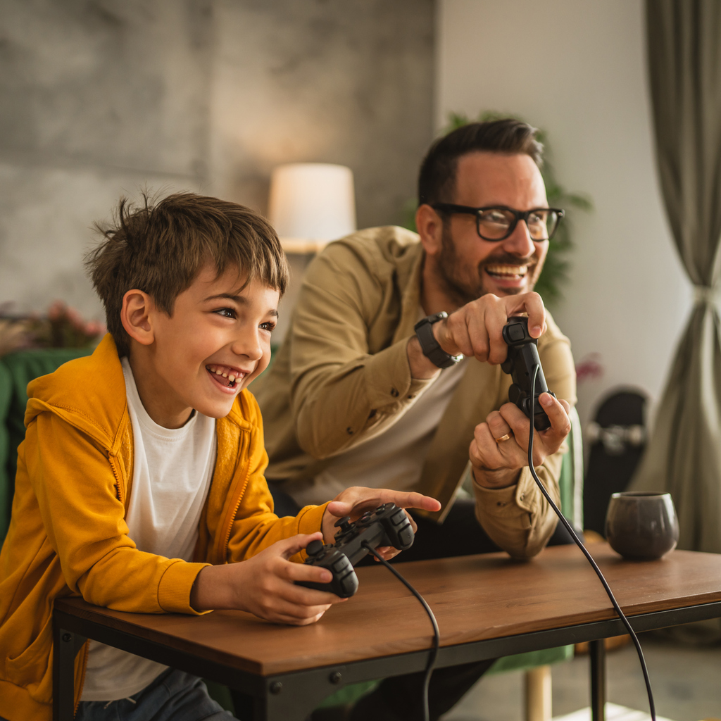 Father and son play video games with joystick and have fun at home.